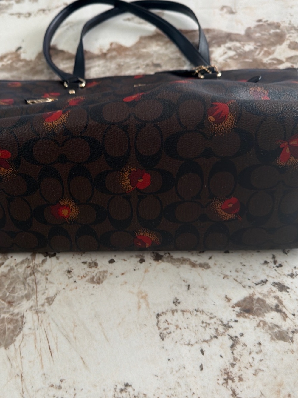 Coach Brown Signature Monogram Tote with Red Floral Accents - Picture 7 of 15